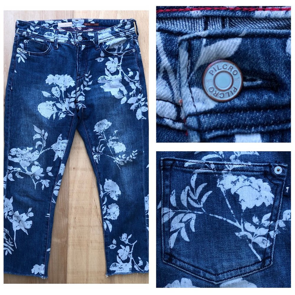 PILCRO SLIM BOYFRIEND CROP Women’s Floral Print Frayed Hem Denim Jeans sz 25P
